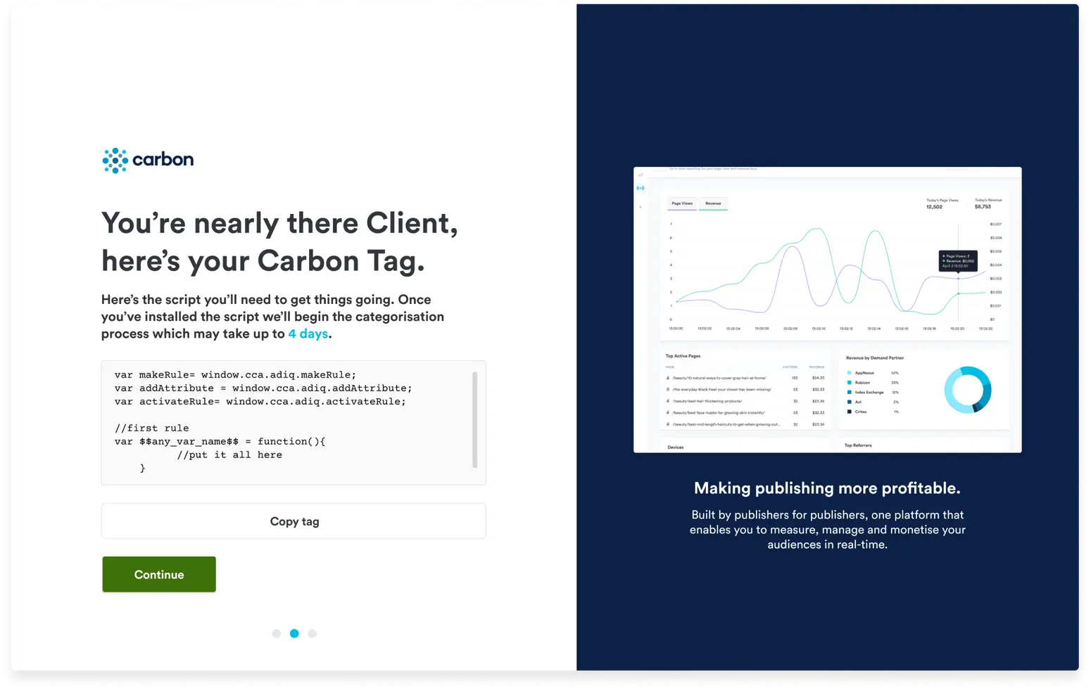 Steps in a new onboarding flow for Carbon LTD