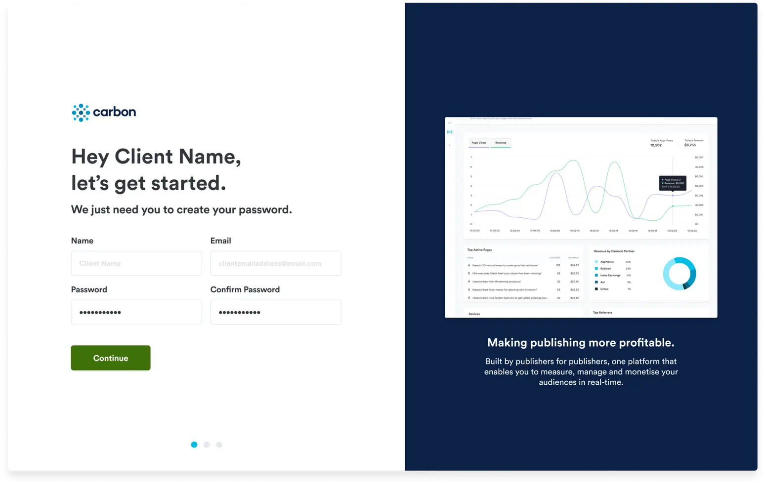 Steps in a new onboarding flow for Carbon LTD