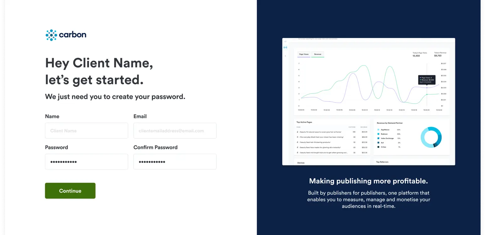 Steps in a new onboarding flow for Carbon LTD